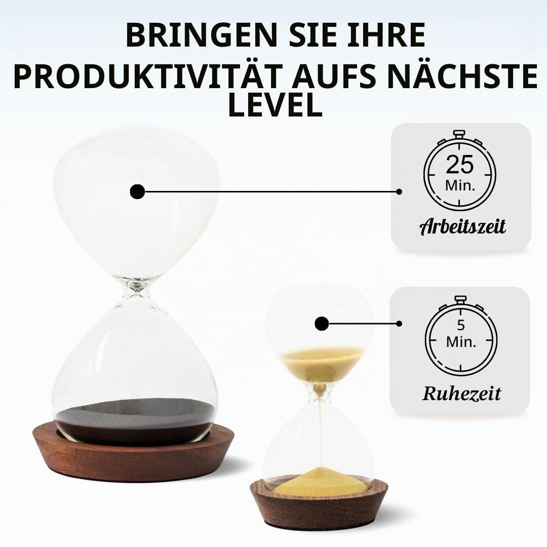 Dekoratives Sanduhr-Set – beinhaltet 25- und 5-Minuten-Sandglas-Pomodoro-Timer mit Holzsockeln – Zeitmanagement-Produktivitätswerkzeug – Geschenk für Heimbüro Schreibtisch