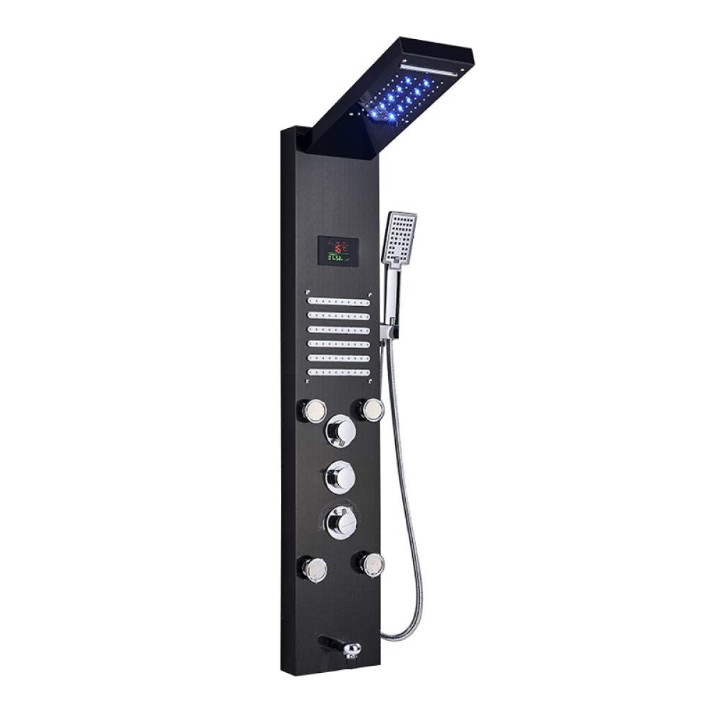Panel prysznicowy LED, wodospad, kolumna deszczownica, kran, cyfrowy ekran temperatury, system prysznicowy, bateria mieszająca, wylot wanny, złoty (czarny)