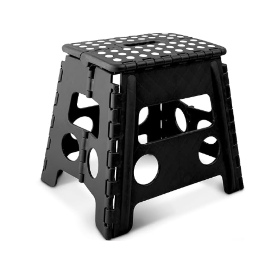 Heavy Duty Folding Step Stool | Non-Slip Foldable Footstool | Portable Lightweight Plastic Foot Step with Carry Handle | Bathroom & Kitchen Use | Indoor & Outdoor Utility Stool (Black, 11 Inch)