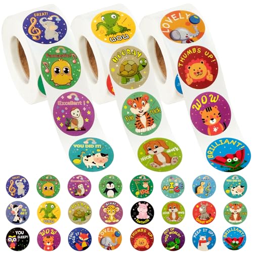 1500Pcs Reward Stickers for Kids 3 Rolls 24 Designs Diameter 1inch Animal Styles Teacher Motivational Stickers School Supplies