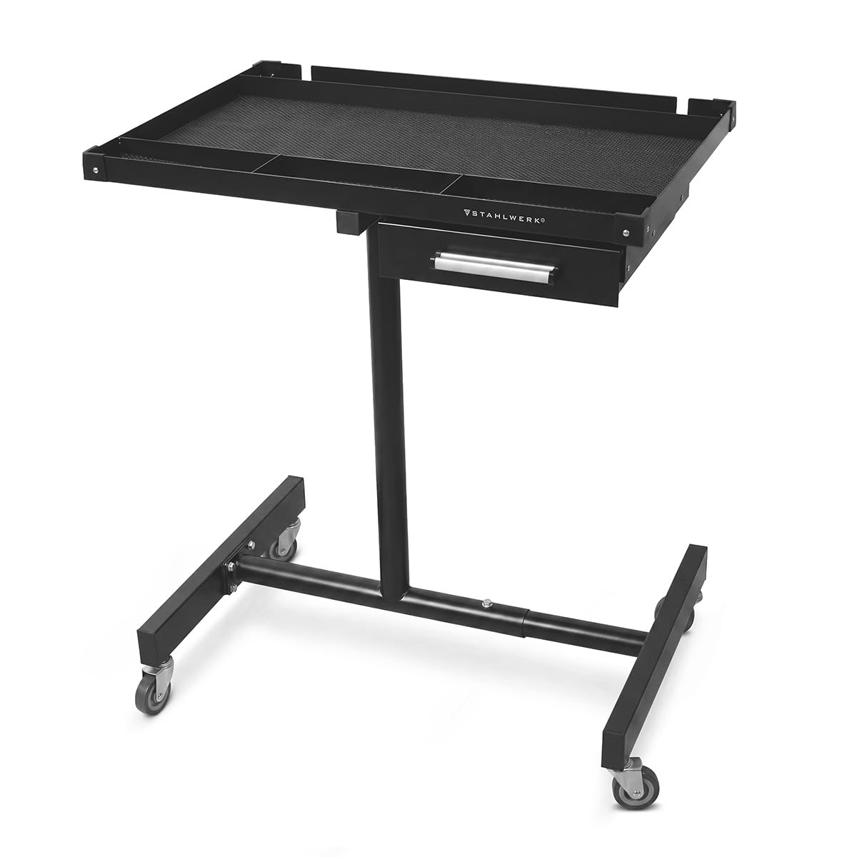 STAHLWERK Mesa de trabajo regulable en altura de 87,3 a 125 cm, capacidad de carga de 100 kg | Banco de trabajo móvil con 4 ruedas giratorias, garaje, taller, bricolaje