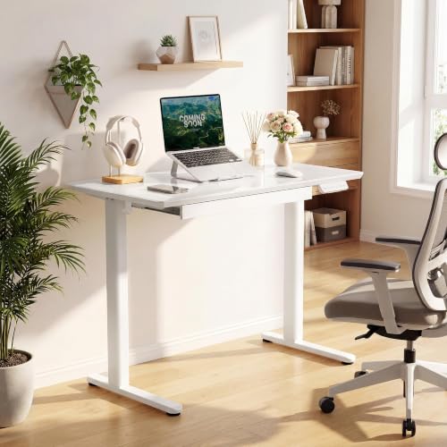 Image of YDN Glass Standing Desk with Drawers 32x19 Inch White
