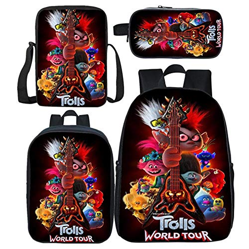 HZLQ Mochila para Niños 4Pcs: Trolls 3D Infantil para Deporte Viaje Colegio   Bolsas
