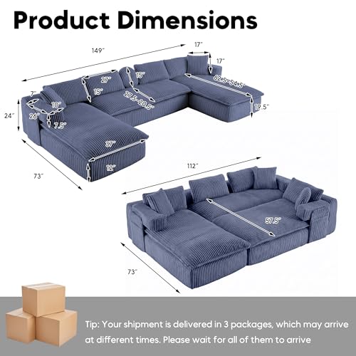 Image of Oversized Cloud Boneless Couch with Chaise, 149 inch Modern U Shape Modular Deep Seat Sectional Sofa, Comfy Corduroy Upholstered Couches for Living Room, No Assembly Required, Navy Blue