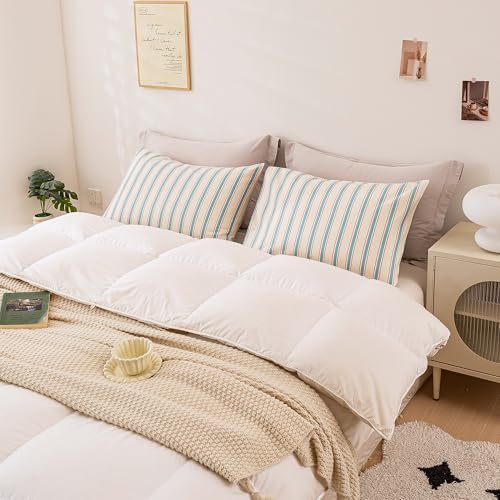 Image of ECOCOTT Striped Pillowcases King Size Set of 2, 100% Washed Cotton Pillow Cases with Envelope Closure, Blue&Brown Ticking Stripe Pillow Covers 20 inchX36 inch