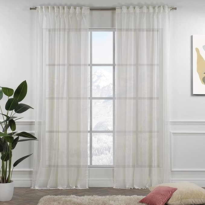 Extra Long Cream Linen Look Set of 2 Sheer Curtains Back Tab Home Décor Window Custom Made Drapes -Made in Turkey Each(100" W x108 L)