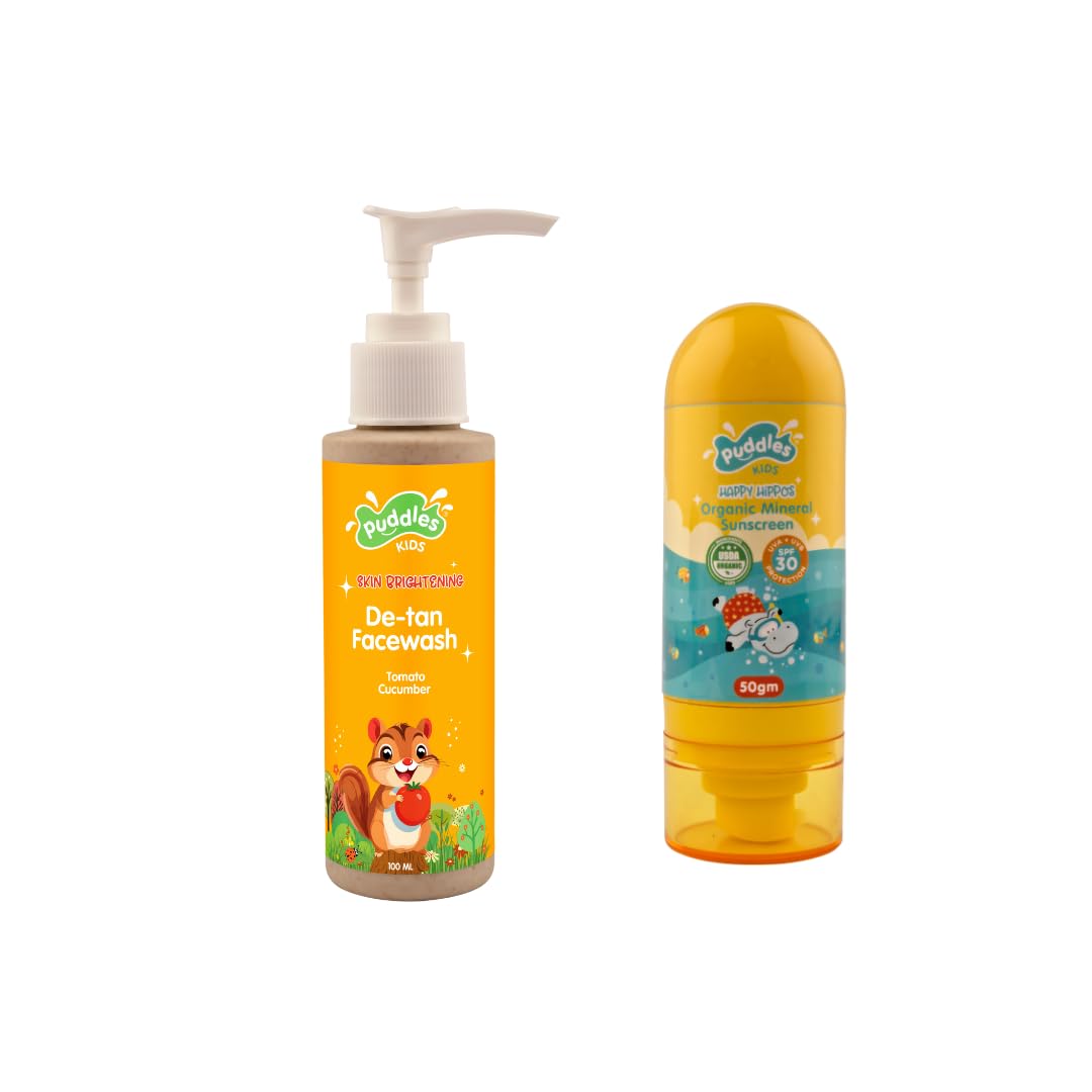 Puddles Bring Start School Duo | Kids Detan Facewash + Sunscreen | Gentle Cleansing & Daily Sun Protection | Brightening, Non-Sticky, Dermatologically Tested, Safe Skincare Combo for School Routine