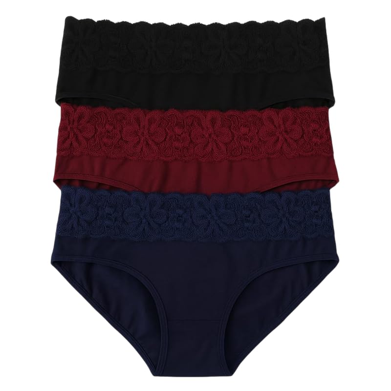 Women's High-Waist Cotton Panties with Floral Lace Trim – Size M Pack of 3(Black,Maroon & Blue) – Soft, Breathable Underwear-picture-32