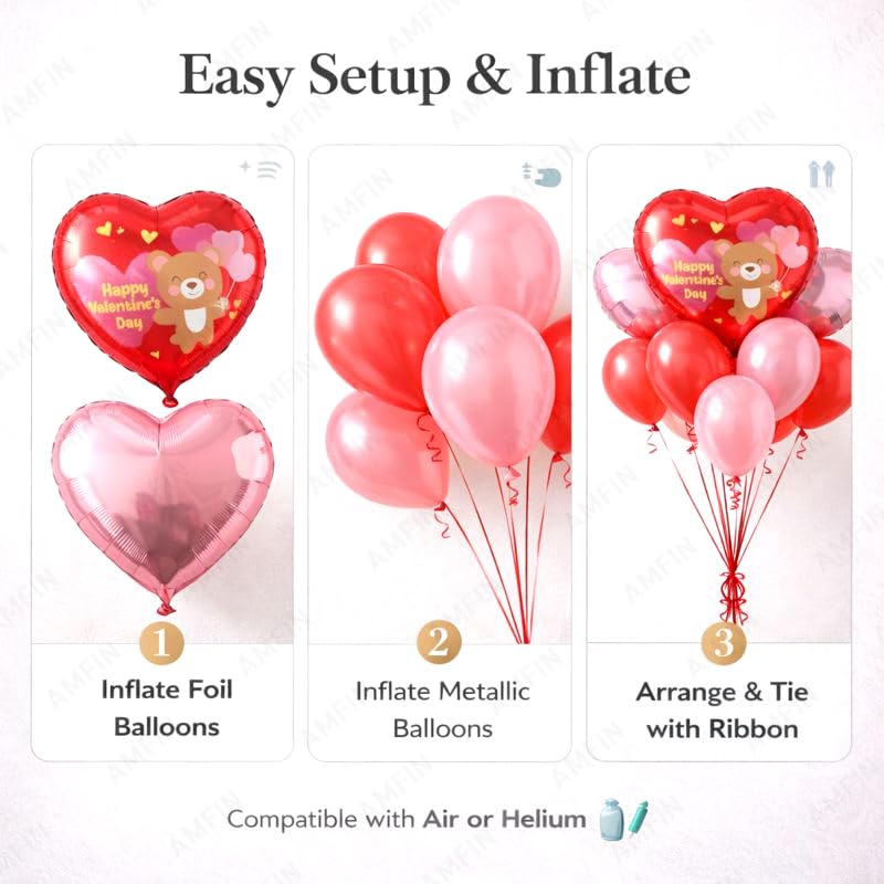 Image of AMFIN (Pack of 9) Happy Valentine's Day Balloon Decoration Set | Romantic Heart Foil Bouquet Metallic Helium Bunch Proposal Anniversary Celebration Party Decor - Red Teddy