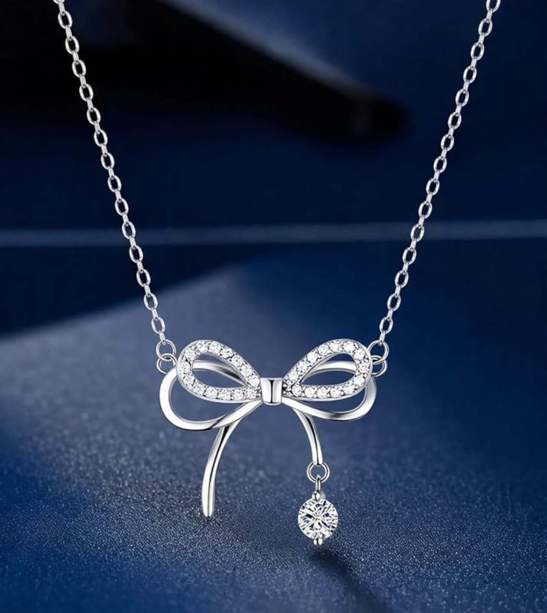 Bow Design Pendant Necklace for Women, Silver Tone