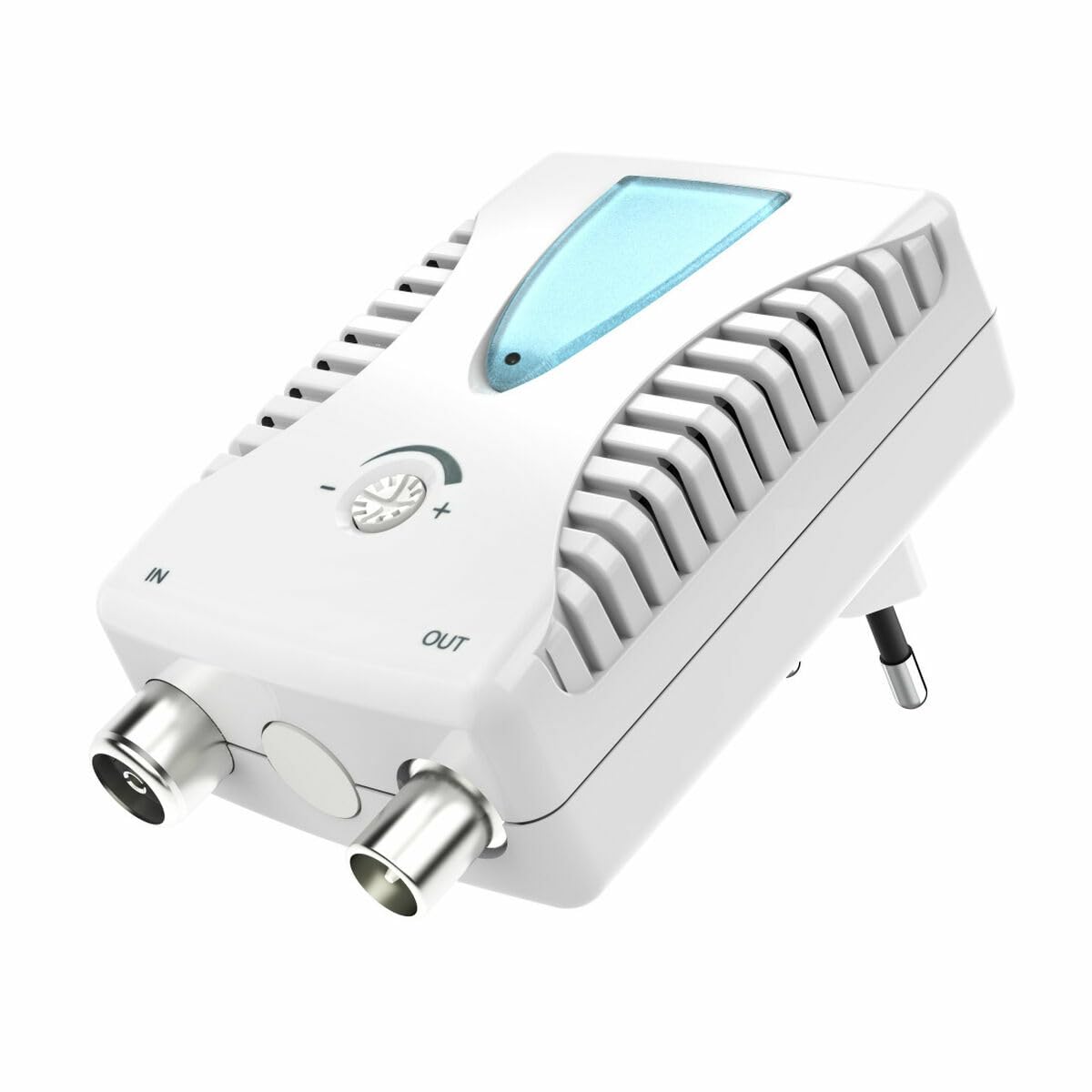 Hama BB/CATV Amplifier 00205234 with IN and OUT coaxial ports, adjustment knob, and blue indicator light.