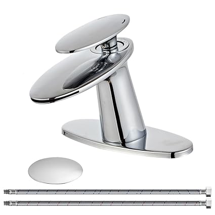Wovier Chrome Waterfall Bathroom Sink Faucet with Supply Hose,Cover Plate and Pop Up Drain,Single Handle Single Hole Lavatory Faucet,Slanted Body Basin Mixer Tap Commercial