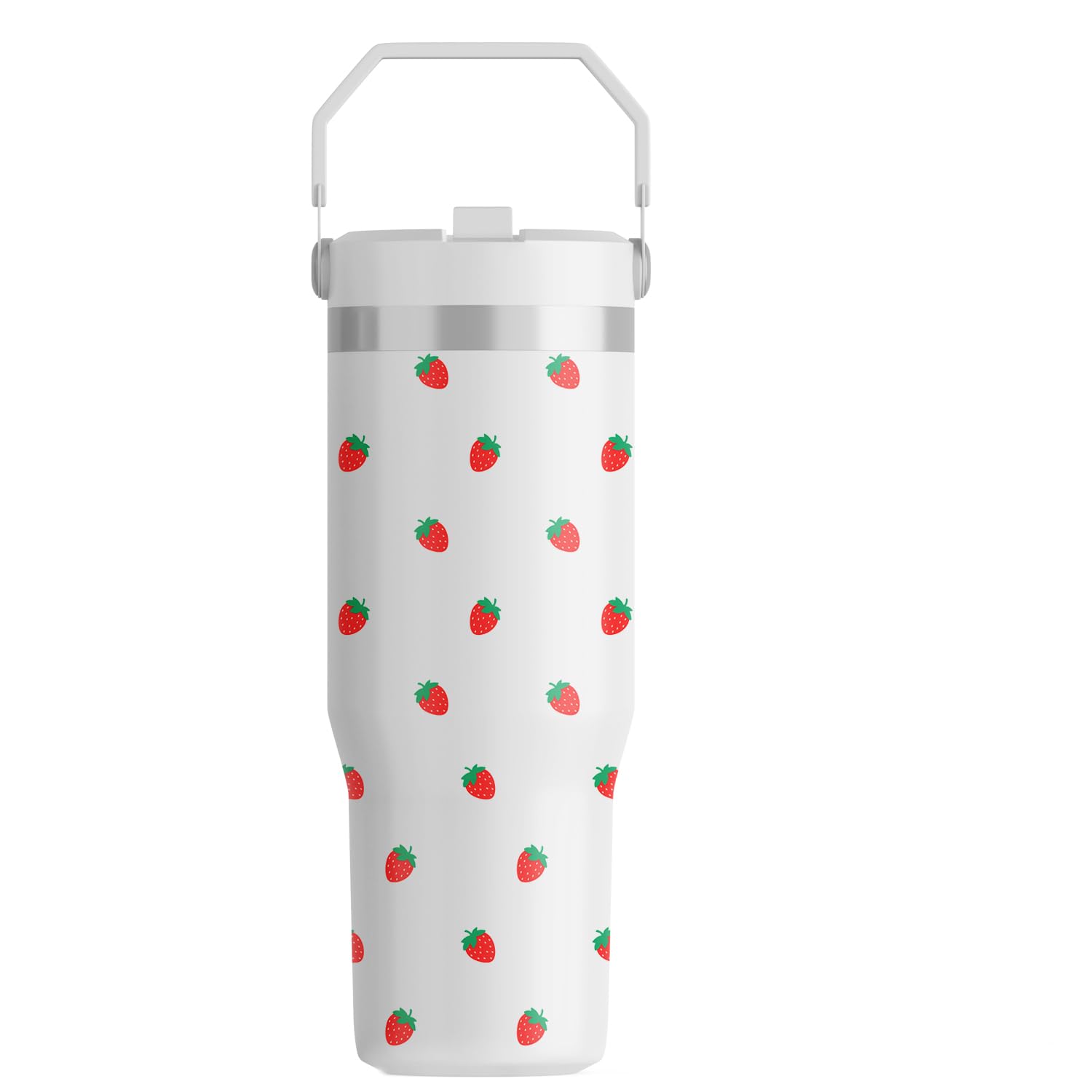 FOLAI Leakproof Flip Water Tumbler,30oz Stainless Steel Hot and Cold Water Bottle with Ergonomic Handle and Straw Keeps Cold for 12+ Hours,Ideal for Gym,Car,Beach-Easy to Carry Travel Mug(Strawberry)