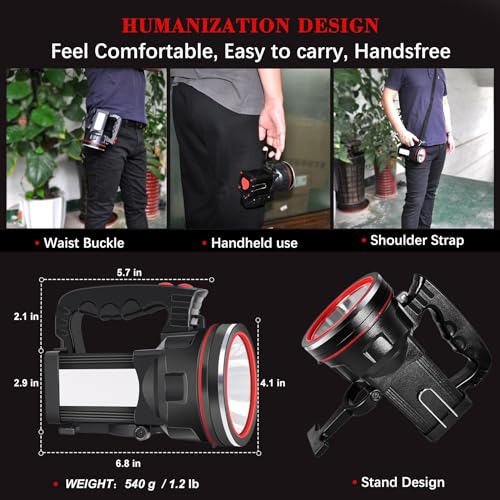 BIGSUN 12800mAh Rechargeable Spotlight Flashlight - Waterproof Tactical Light for Outdoor Use, Camping, and Emergencies