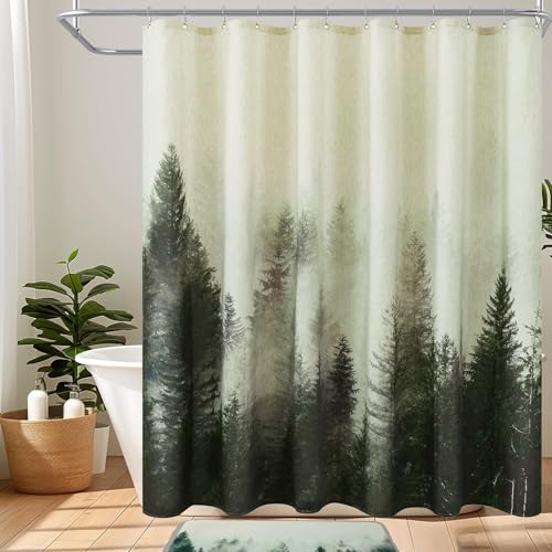ORTIGIA Mountain Forest Shower Curtain –Heavy Blend Linen Fabric, Black