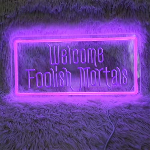 Image of Welcome Foolish Mortals Neon Sign,Dimmable Spooky Gothic Haunted Mansion Coffin LED Neon Signs for Wall Decor,USB Powered Led Neon Light for Halloween Party Haunted House Man Cave Birthday Gifts,40*19.6cm