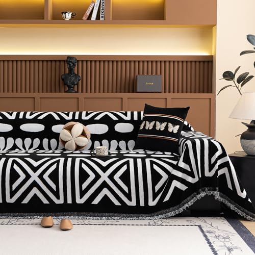 VClife Minimalism Tribal Couch Cover Non Slip White Black Geometric Jacquard Sofa Cover Washable Bohemian Style Aztec Couch Slipcover for Sectional Couch Chenille Furniture Protector 71''x134''