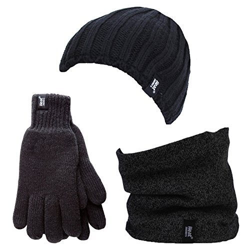 Heat Holders - Thermal Winter Fleece Cable Knit Hat, Neck Warmer and Gloves Set for Men (L/XL, Black)