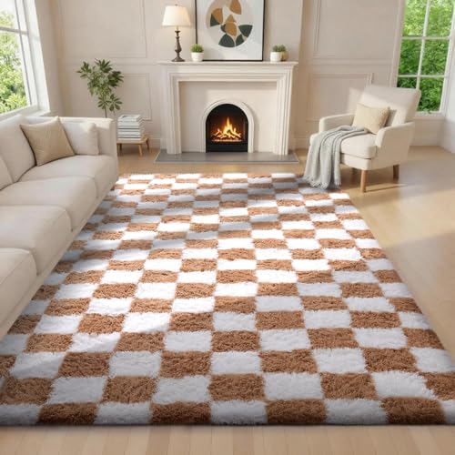 Ophanie Checkered Beige & White Rug for Living Room Bedroom,
