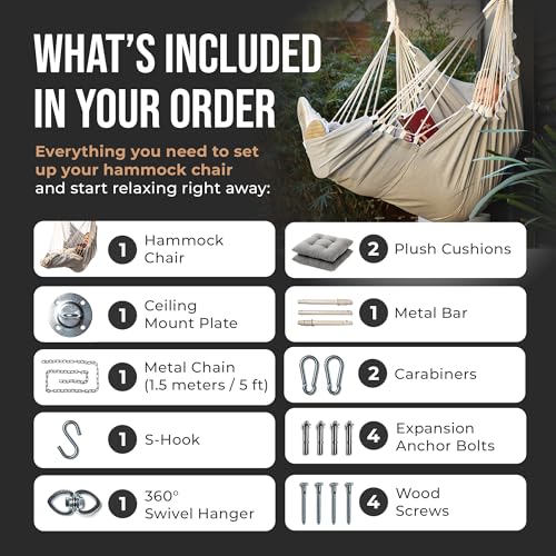 Image of Hanging Hammock Chair Swing - Hanging Chair Outdoor & Indoor - Hammock Swing Chair - Quick & Easy Setup with Hardware Kit - Durable & Spacious Full Body Support with 2 Plush Cushions - Holds 440 Lbs