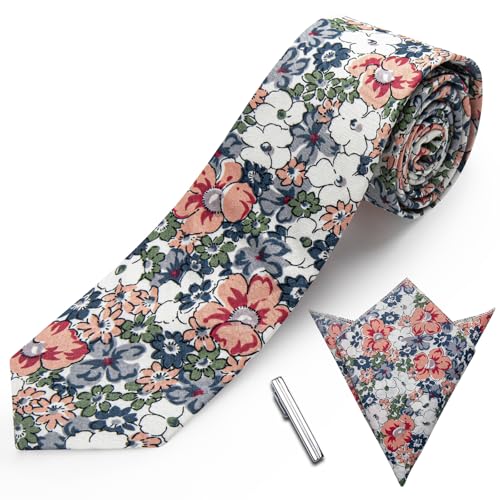 Image of YourTies Cotton Floral Tie for Men 2.5 inch Printed Skinny Necktie Pocket Square Tie Clip Set Flower Wedding Party Groom