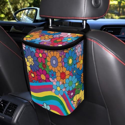 Image of Colorful Groovy Floral Garbage Can /Bag with Lid Organizer and Storage Bag Auto Rubbish Bags Universal Car Accessories Interior Decoration