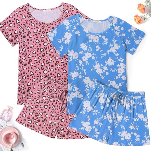 Image of Ekouaer 2 Pack Womens Pajama Sets Short Sleeve Sleepwear Soft Crew Neck Pj Shorts Set Printed Loungewear Set S-XXL