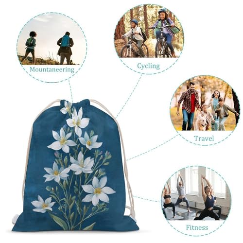 White Flower Green Leaves Drawstring Backpack Canvas String Bag Lightweight Sports Gym Bag for Men Women3