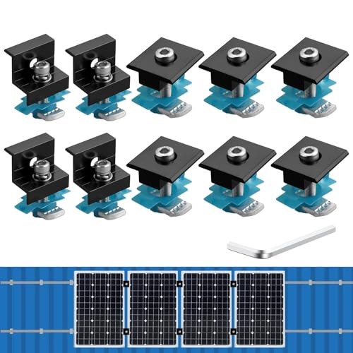 Anbte 10 PCS Solar Panel Mounting Brackets for Unistrut Aluminium 30mm/35mm 6 x T-Shaped Mid Clamps + 4 x End Clamps Solar Panel Mounting Kit for Metal Tin Flat Sheet Roofs RV Black