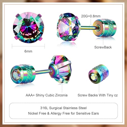 VOLUKA Titanium Earrings for Sensitive Ears, Pairs of Screw Back Hypoallergenic Surgical Grade Titanium Cubic Zirconia Stud Earrings for Women Men2