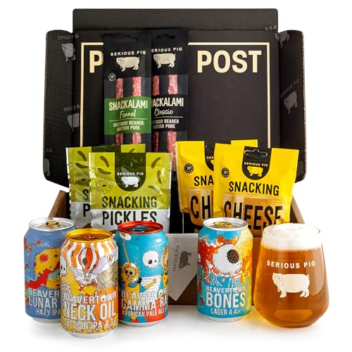 Serious Pig + Beavertown Craft Beer and Snacks Gift Box with Glassware and Tasting Notes (11 Pack)