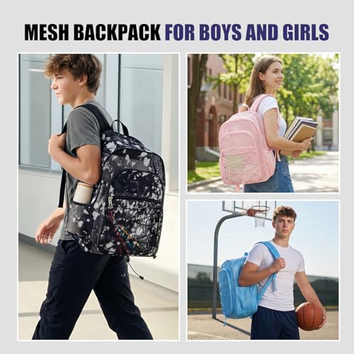 Image of COVAX Mesh Backpack for School Heavy Duty Semi-Transparent Bookbags for Beach, Swimming, Sports, Work, Travel (Black with White Splashes)