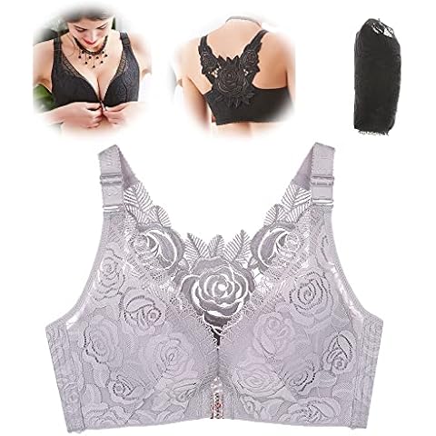 PPWW Comfort Rose Bra, Floral Secrets Comfort Rose Bra, Women's Front Closure Bra (Grey,38/85D) Cover