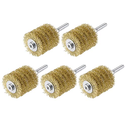 Image of uxcell Wire Wheel Brush, 1.57 inch x 1.61 inch Stainless Steel Brass Plated Coarse Crimped Wire 0.012 inch with 1 /4 inch (6mm) Round Shank for Cleaning Rust Stripping Abrasive 5pcs