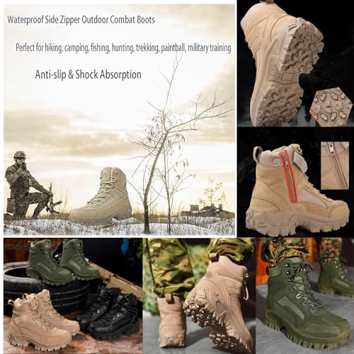 Men's Waterproof Side Zipper Outdoor Combat Boots,Tactical Boots, Men's Military Tactical Work Boots Side Zipper Lightweight and Comfortable Orthopedic Hiking Motorcycle Combat Boots3