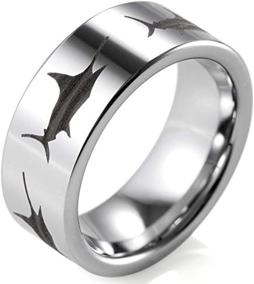 (8mm) Unisex or Men's Fishing/Fisherman's Wedding Ring band. Silver Tungsten Band with Laser Sword Fish. Fishermen's Wedding Ring.