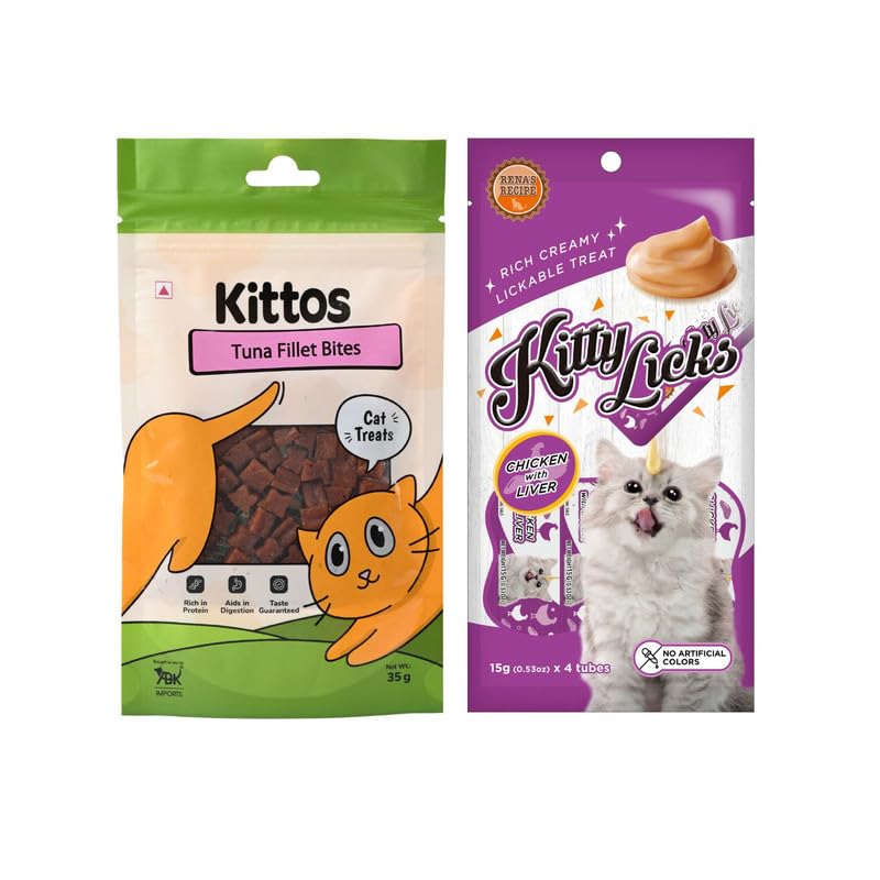 Cat Treats Combo: Kittos Tuna Filet Bites (35g) and Rena Kitty Licks Chicken & Liver Creamy Treats for Kittens (15g x 4 Tubes) - for Training, Rewarding and Snacking (B0CF2GLX8X) Amazon Price History, Amazon Price Tracker