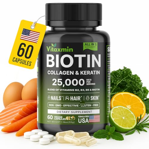 vitaxmin Biotin 10000mcg with Collagen Keratin Hyaluronic Acid - Hair Growth Vitamins for Women & Men - Hair Skin and Nails Vitamins with B Complex - 60 Capsules