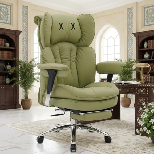 Efomao Executive Office Chair for Big and Tall Users, 180kg Capacity, 57cm Wide Seat, 16cm Extra-Thick Cushion, PU Leather, Footrest, Adjustable Armrests, Green