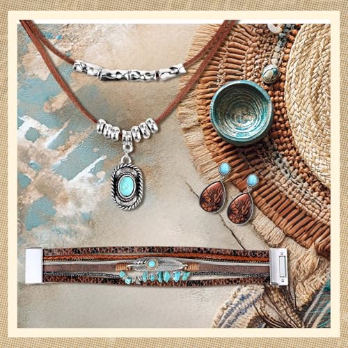 Misdary 3 Pcs Rustic Western Jewelry for Women Cowgirl Jewelry Set Turquoise Necklace Earrings Cuff Bangle Bohemian Bracelet for Women3
