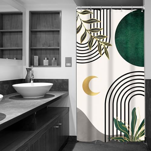 Image of Riyidecor Small Stall Bohemian Mid Century Shower Curtain Abstract Simple Arch Leaves 36Wx72H Inch Rv Narrow Modern Contemporary Moon Green Gold Fabric Decor Bathroom Polyester Waterproof Hooks