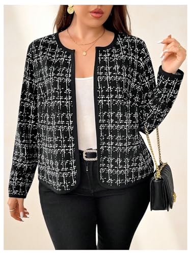 WDIRARA Women's Plus Size Houndstooth Open Front Long Sleeve Jacket Outerwear4