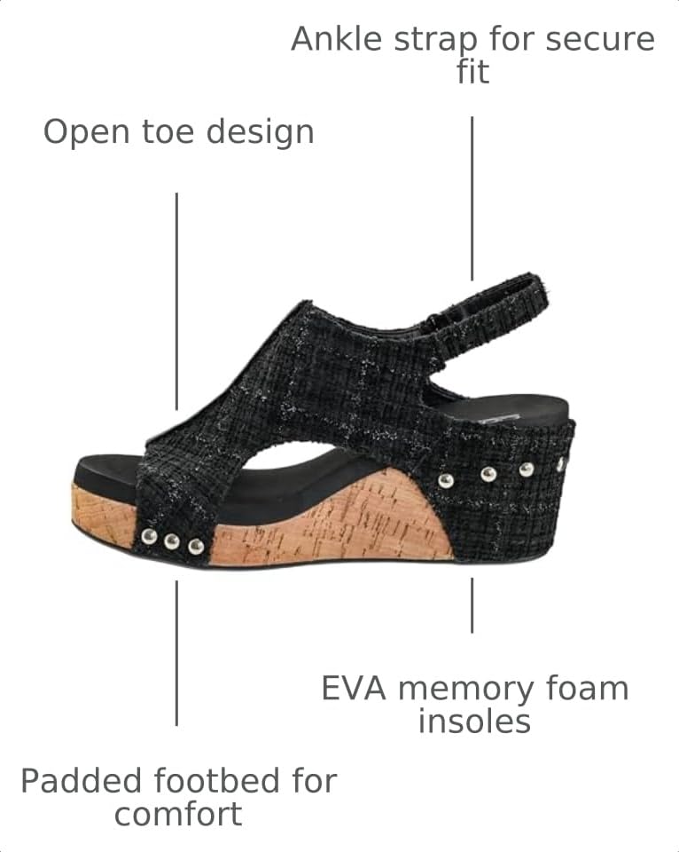 Image of Corkys Footwear Womens Carley Wedges, Featuring Corkys EVA Foam Cushioned Insoles, A 2.5 Inch Heel, Lightweight For All Day Wear, And Hook And Loop Closure