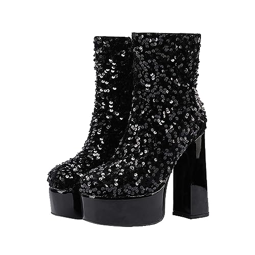 Bottes courtes plateforme anti-glisse à talon haut chunky noir pour femme