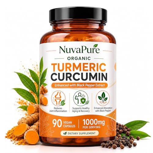 NuvaPure Turmeric Curcumin with Black Pepper 1000mg Organic Turmeric Supplement Joint Comfort Supports 90 Vegan Capsules
