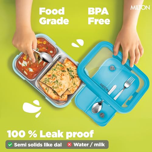 Image of Milton Ethan 2 Inner Stainless Steel Tiffin Box for School, 2 Partition, Steam Release Plug | PU Insulated, Leak-Proof, Food Grade I Lunch Box for Kids Boys, Girls with Snap Lock Lid, 650 ml, Sky Blue