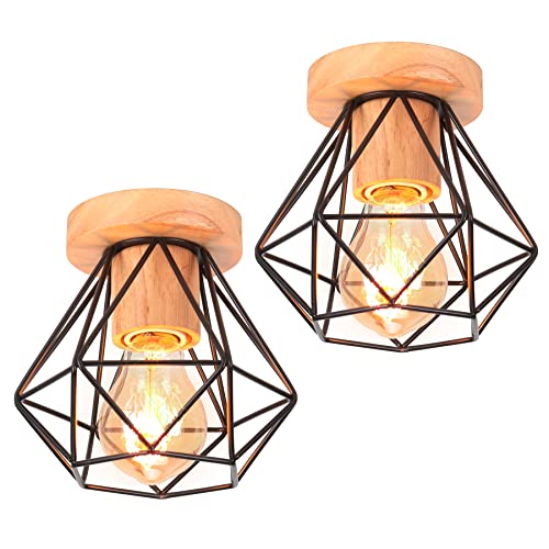 iDEGU 2 Piezas Lámparas de Techo Vintage en Madera Hierro Retro Lámpara Colgante Industrial Diseño Jaula Negro E27 Iluminación de Techo Interior para Dormitorio Pasillo Cocina Salón (Tipo-A, 16CM)