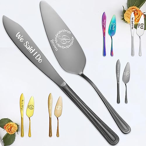 Hodmec Personalized Cake Knife and Server Set Custom Engraved Cake Cutting Set for Wedding Customized Stainless Steel Cake Pie Pastry Cutter Serving for Anniversary Quinceanera Birthday