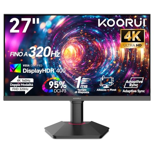 KOORUI Monitor Gaming 27 Pollici – 4K UHD (3840x2160) 160Hz / FHD 320Hz Doppia Modalità | Fast IPS | HDR400 | Adaptive Sync | HDMI 2.1, DP 1.4 | PIP, PBP, | VESA 75x75mm-G2741L