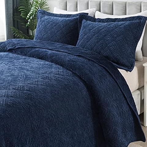 HoneiLife King Quilt Bedding Set - 3 Pieces Corduroy Quilt Sets Double Faced Velvet Bedspreads Super Soft Coverlets Reversible Bed Cover Autumn & Winter Bedding Set All Season Quilts-Navy Blue Cover